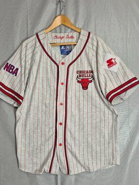 VTG 90s Starter Chicago Bulls White Pinstripe Baseball Jersey Men's Size M